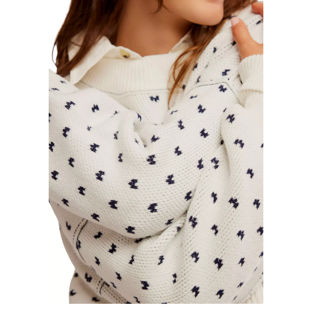 FREE PEOPLE WOMENS SMALL PATTERN EASY STREET CROP PULLOVER SWEATER WHITE NAVY - Picture 3 of 14